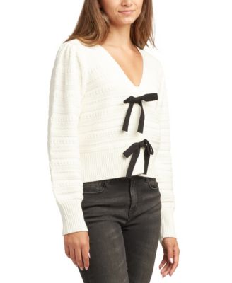 Juniors V-Neck Bow-Trim Long-Sleeve Cardigan