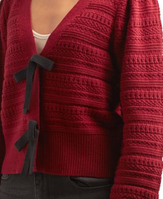Juniors V-Neck Bow-Trim Long-Sleeve Cardigan