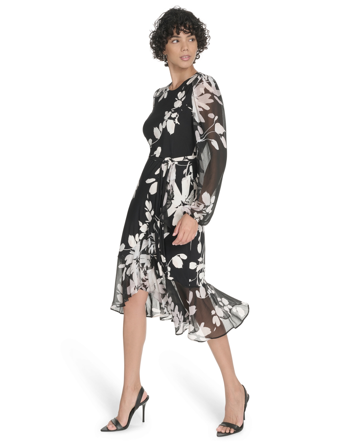 Tommy Hilfiger Floral Long Sleeve Ruffle Mixed Media Midi Dress In Multi