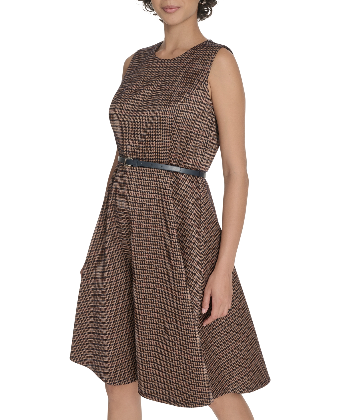 Tommy Hilfiger Houndstooth Sleeveless Belted Fit & Flare Dress In Brown