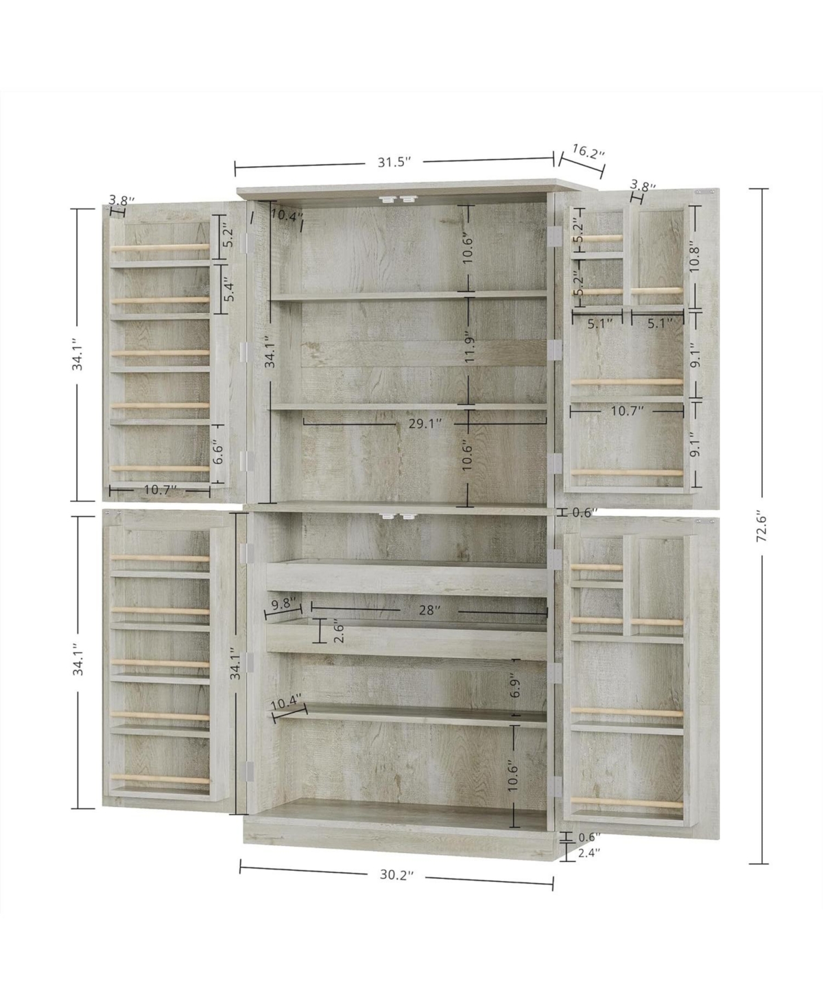 Ironck Kitchen Pantry Cabinet 72.8" H, 4 Barn Doors with Storage Rack, Brown