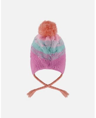 Baby Girl Lined Peruvian Knit Pompom Hat Pink, Orange and Turquoise - Baby