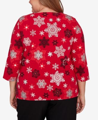 Plus Size Classic Embellished Snowflake Pleated Neck Top