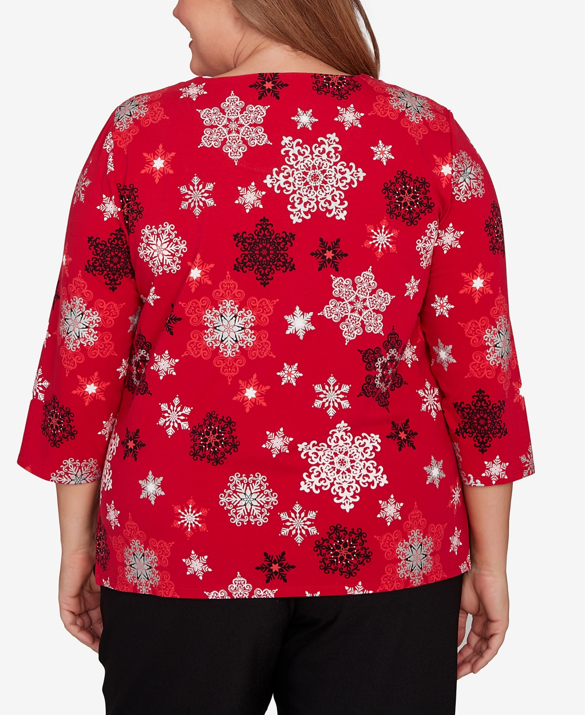 Alfred Dunner Plus Size Classic Embellished Snowflake Pleated Neck Top In Red