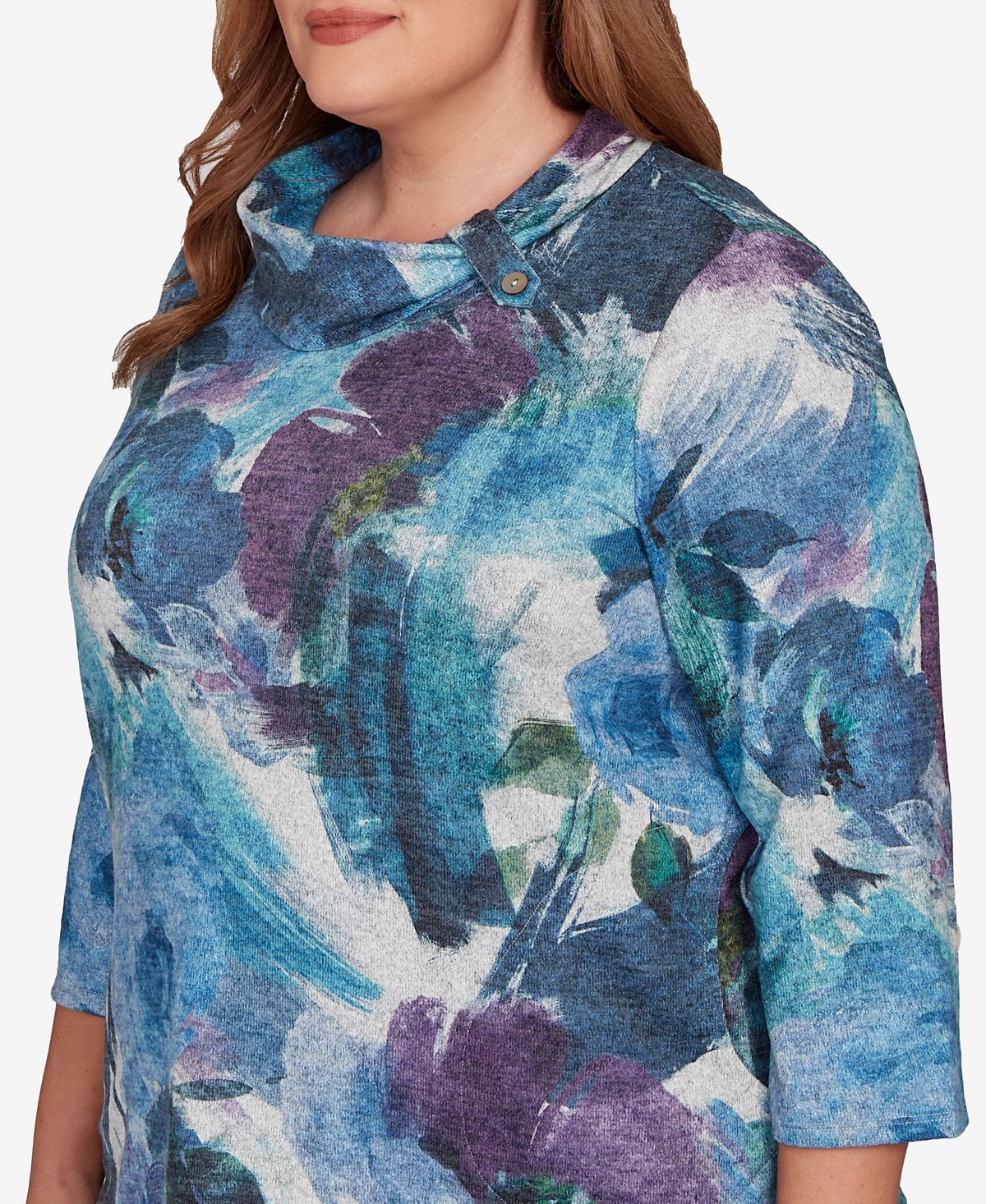 Alfred Dunner Plus Size Classic Floral Brushstroke Mock Neck Top In Multi