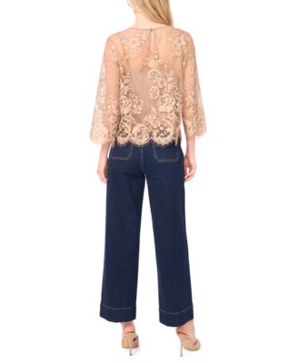 Women's Floral-Lace Scalloped-Hem 3/4-Sleeve Top