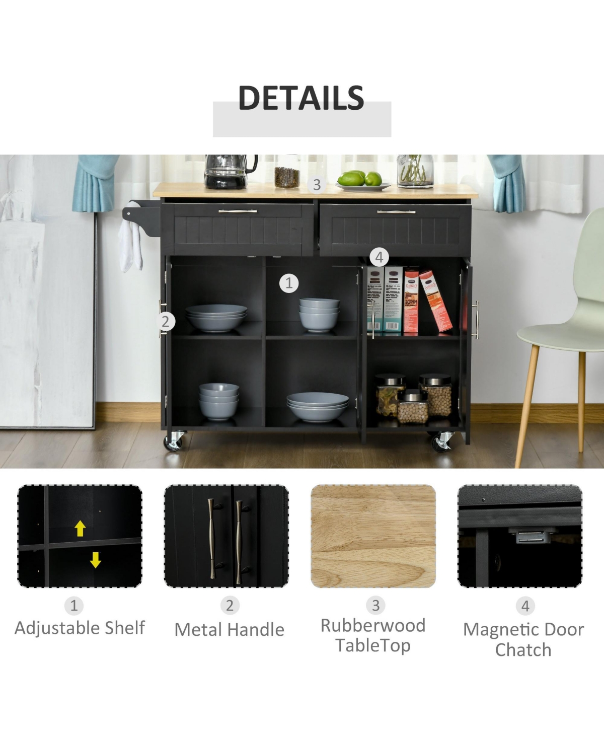 Halifax North America Black Mobile Kitchen: Island with Drawers and Cabinet Storage