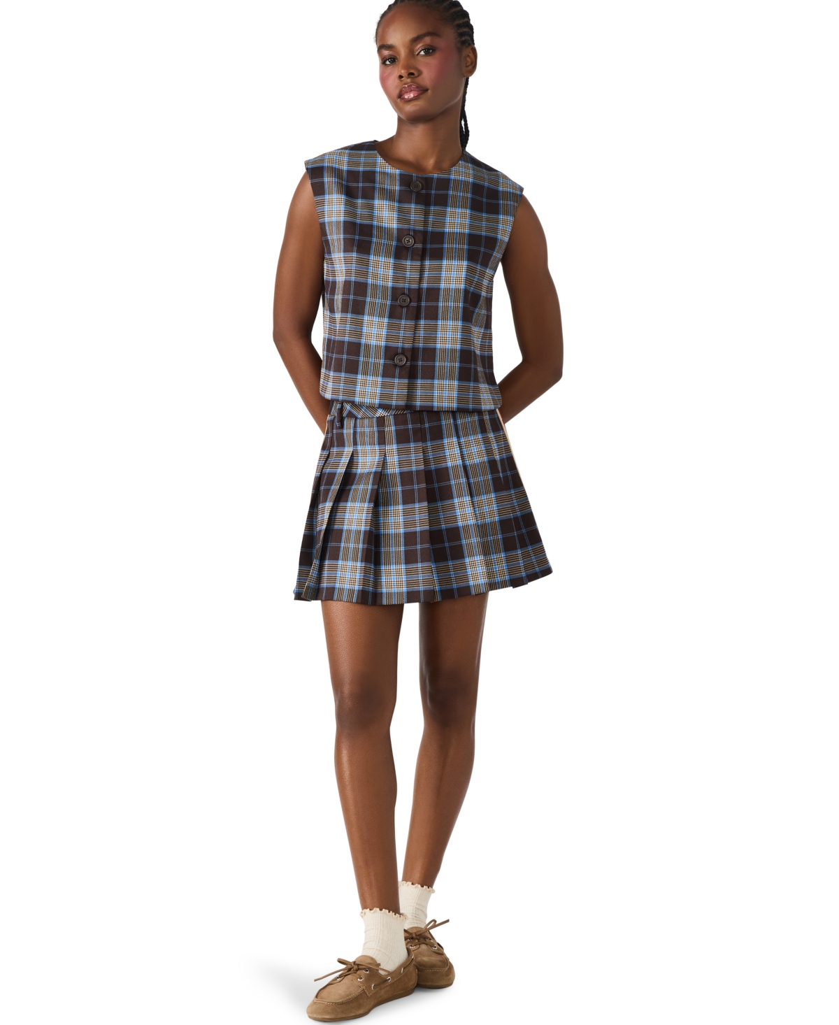 Steve Madden Alessa Sleeveless Plaid Shirt In Black