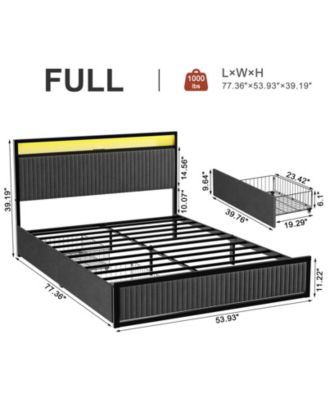 Upholstered Full Bed Frame with 2 Storage Drawers, LED Headboard, USB Ports, Dark Gray