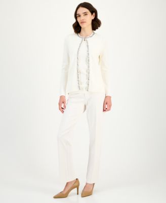 Anne Klein Womens Rhinestone Trim Cardigan Sleeveless Knit Top Bootcut Suit Pants In White