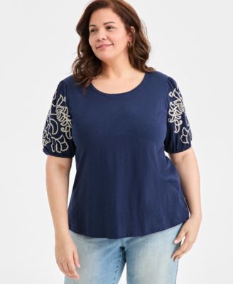 Plus Size Cotton Embroidered-Sleeve Top