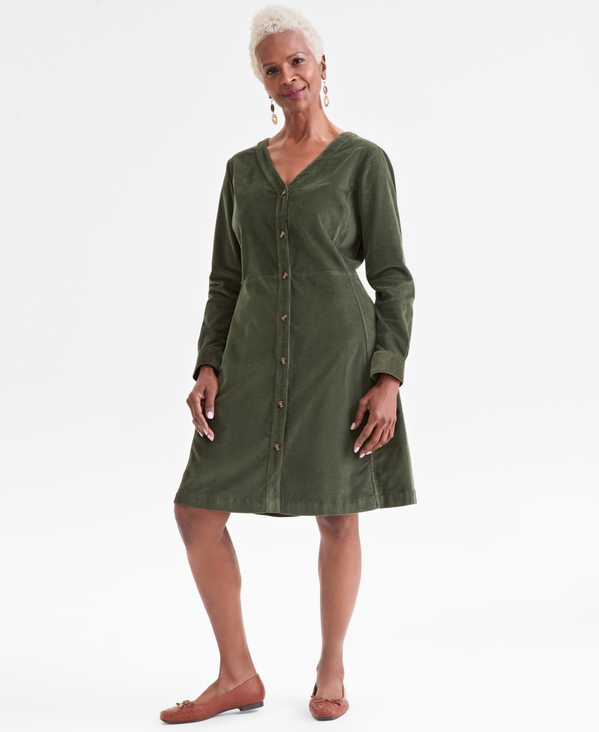 Style & Co Women's Corduroy Button-front V-neck Dress, Macy's Exclusive In Green