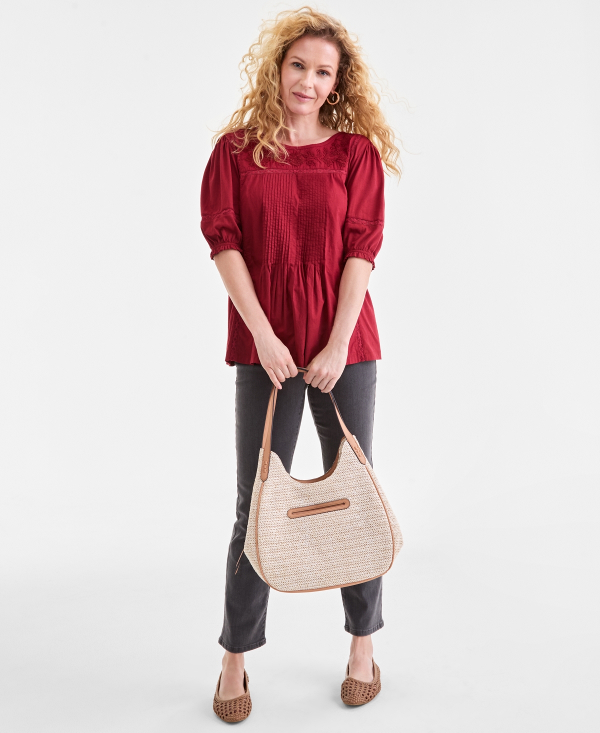 Style & Co Women's Lace-trim Elbow-sleeve Blouse, Macy's Exclusive In Burgundy