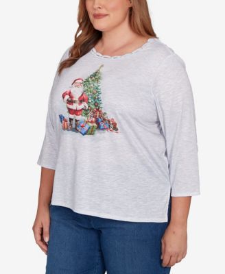 Plus Size Classic Santa and Tree Print Crew Neck Top