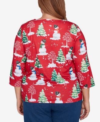 Plus Size Classic Snowmen Printed Crew Neck Top