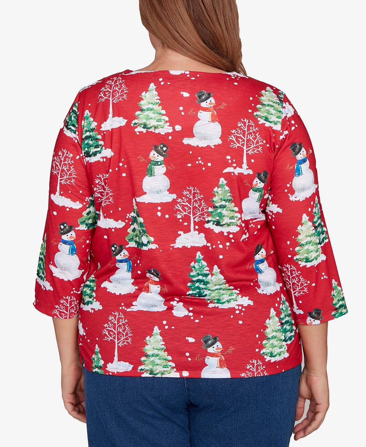 Alfred Dunner Plus Size Classic Snowmen Printed Crew Neck Top In Red