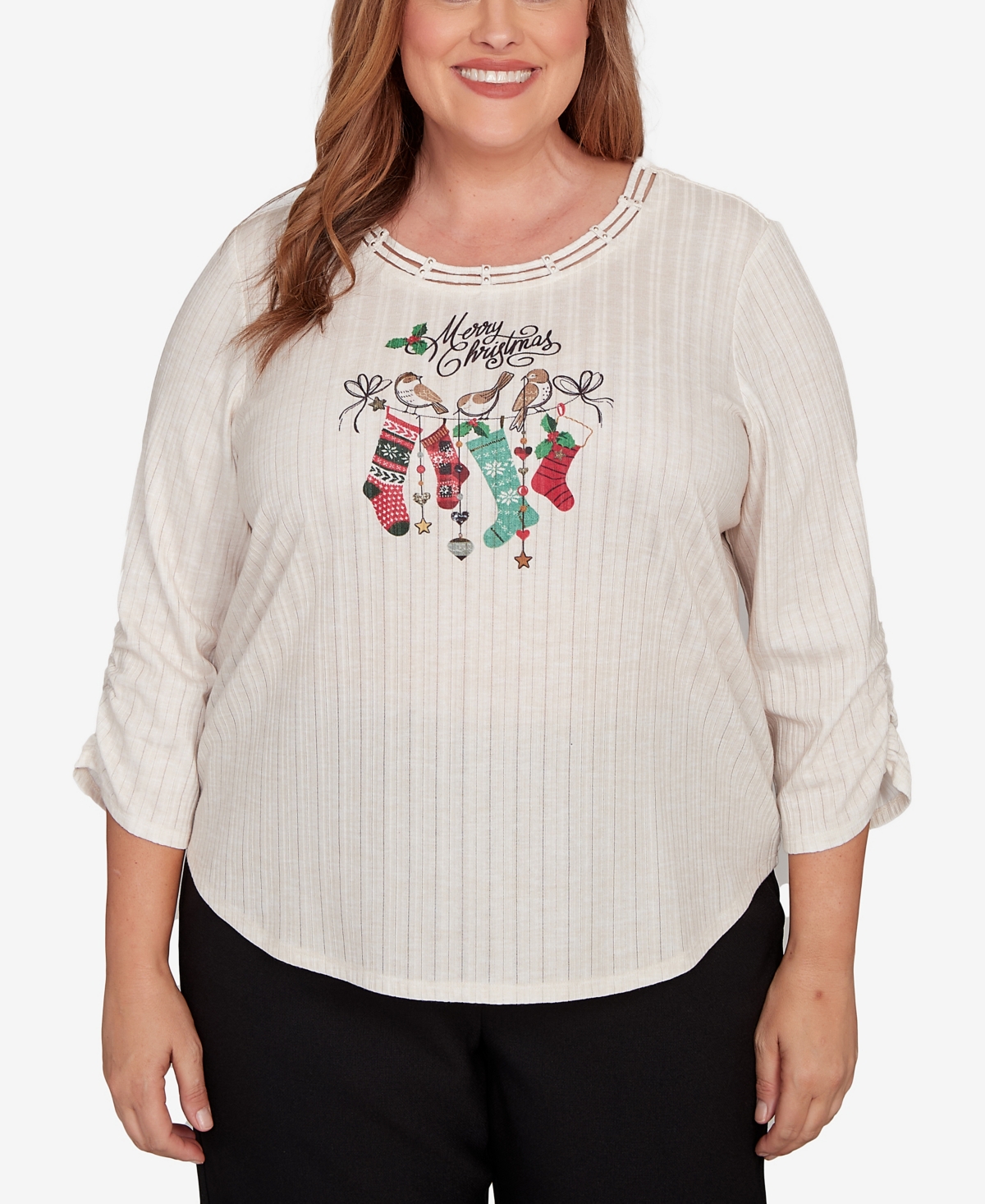 Alfred Dunner Plus Size Classic Holiday Stockings Gathered Sleeve Top In Neutral