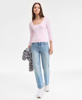 Juniors' Square-Neck Double-Layer Long-Sleeve