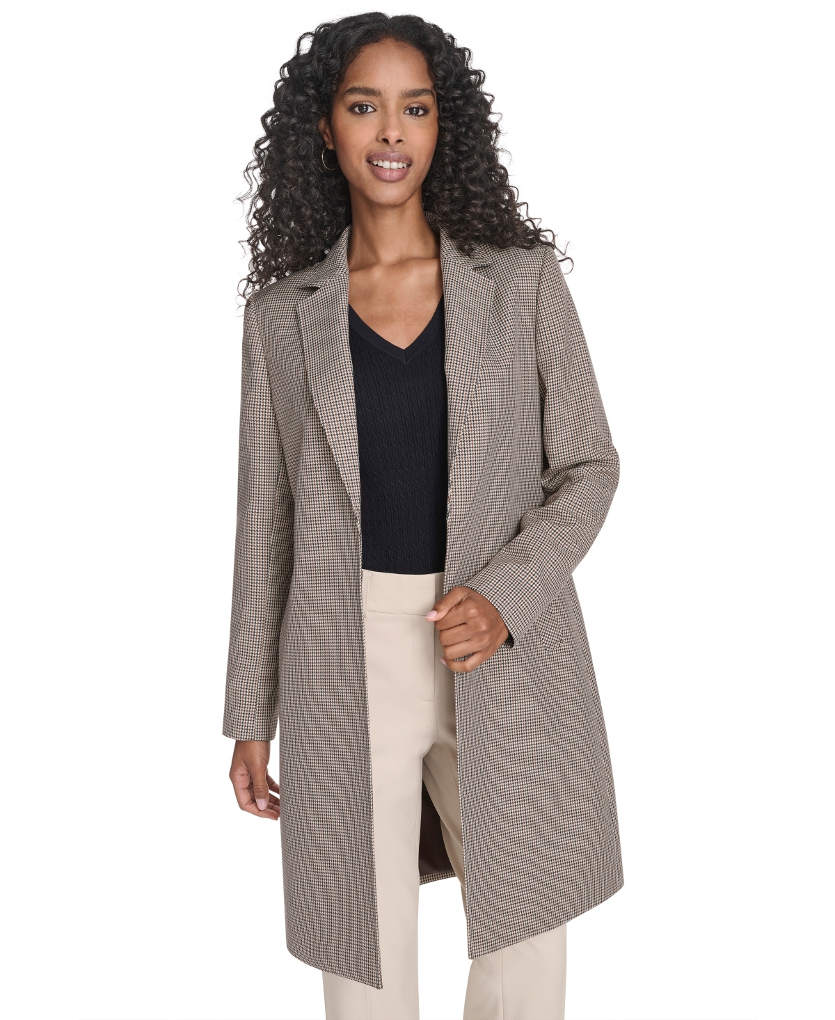 Tommy Hilfiger Women's Houndstooth Pattern Topper Long Jacket In Gray