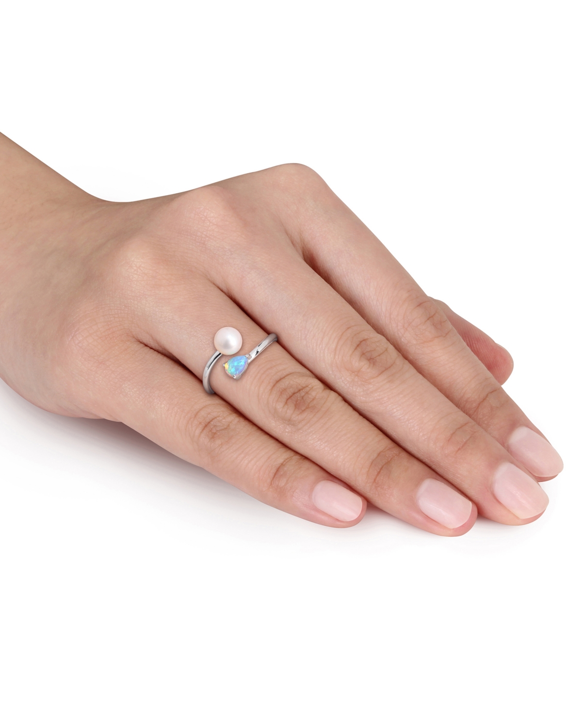 Macy's Cultured Freshwater Pearl (6mm) & Opal (3/8 Ct. T.w.) Bypass Ring In Sterling Silver In Multi