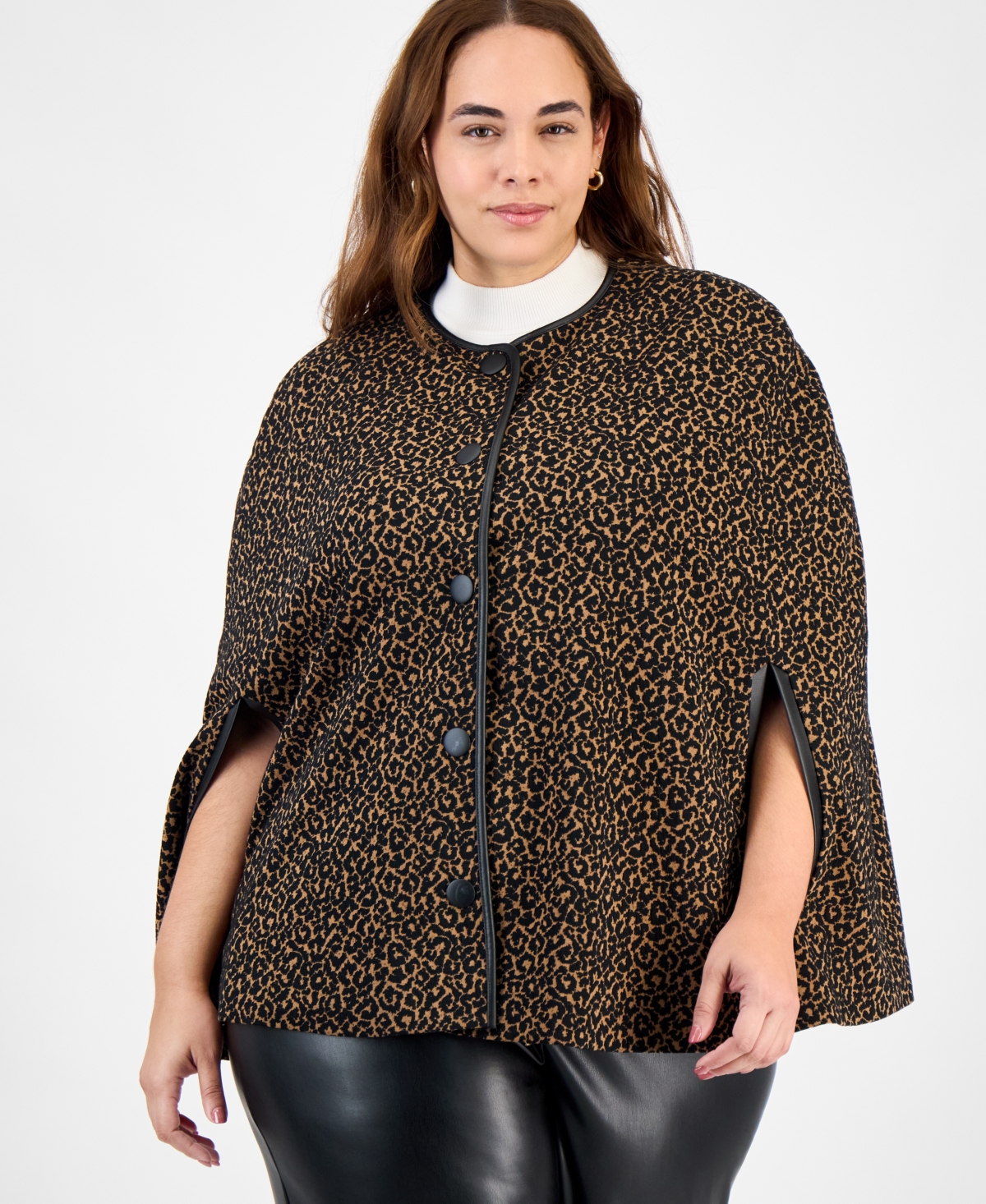 Kasper Plus Size Knit Jacquard Snap-front Cape Jacket In Brown