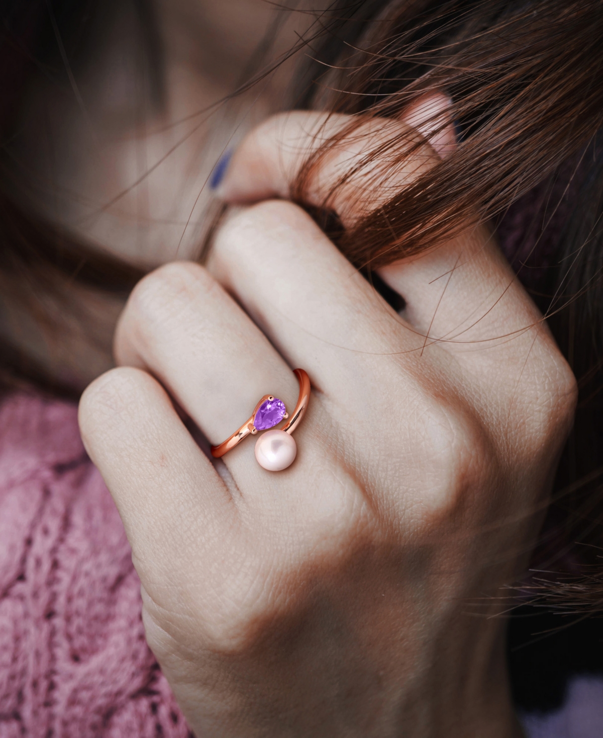 Macy's 18k Rose Gold-plated Sterling Silver Cultured Freshwater Pearl & Lab-created Amethyst Ring In Multi