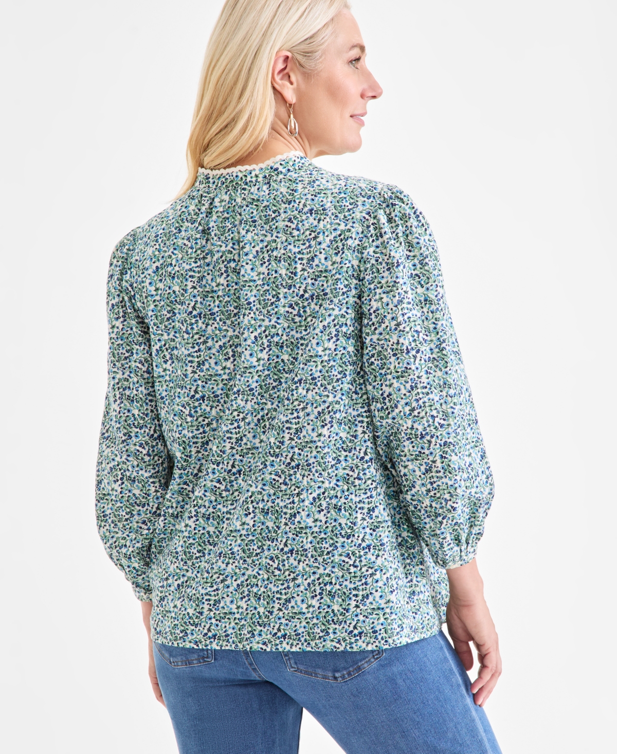 Style & Co Petite Cotton Floral-print Lace-trim Blouse, Macy's Exclusive In Green