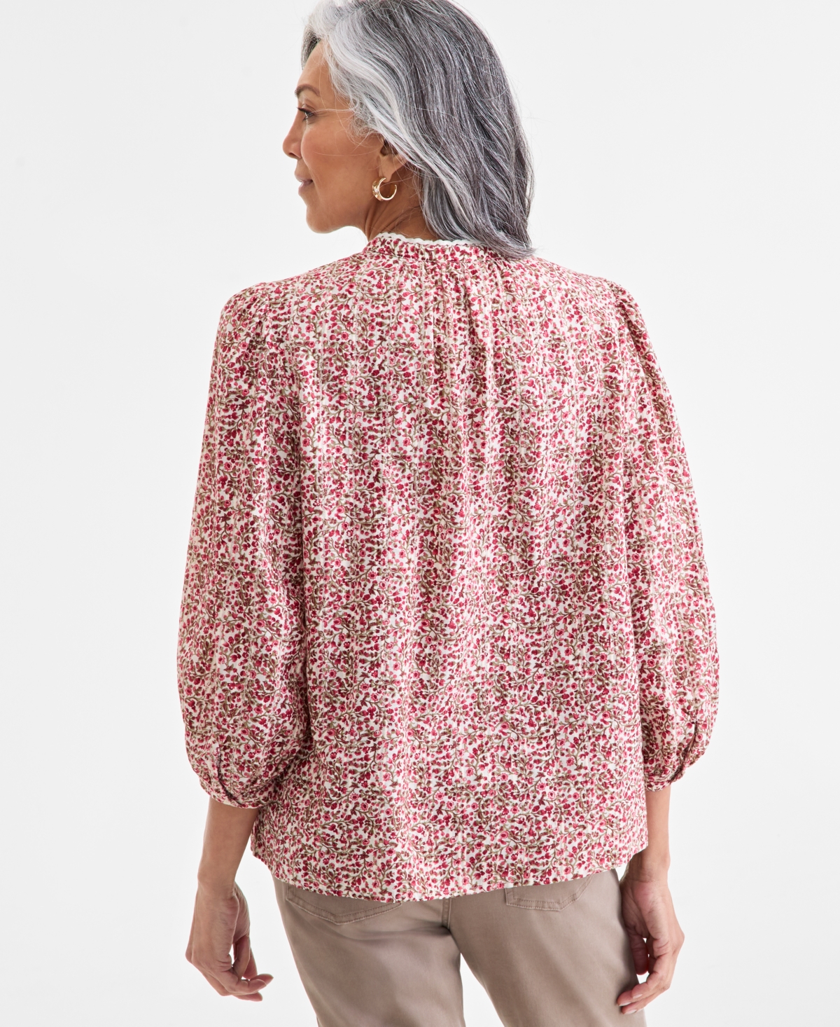 Style & Co Petite Cotton Floral-print Lace-trim Blouse, Macy's Exclusive In Brown