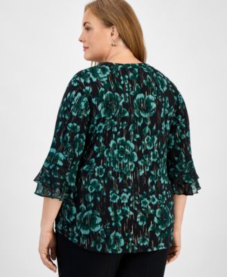Plus Size Printed V-Neck Flutter-Sleeve Top