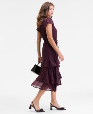 Women's Chiffon Flutter-Sleeve Tiered-Hem Midi Dress, Macy's Exclusive