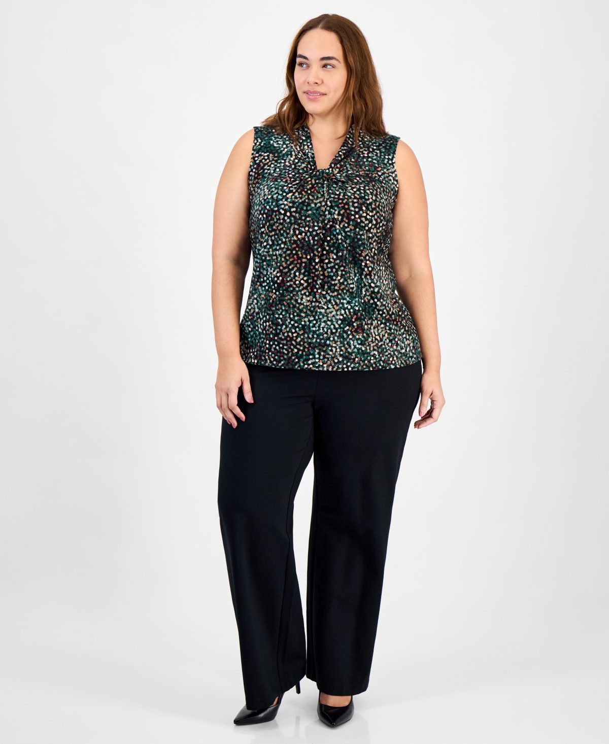 Kasper Plus Size Printed Twist-neck Sleeveless Top In Green