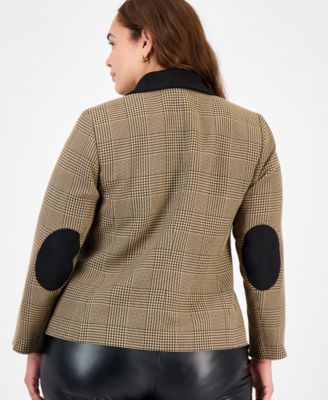 Plus Size Plaid Elbow-Patch Two-Button Jacket