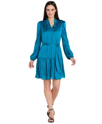 R & M Richards - Women's V-Neck Charmeuse Ruffled Waist-Tie Dress