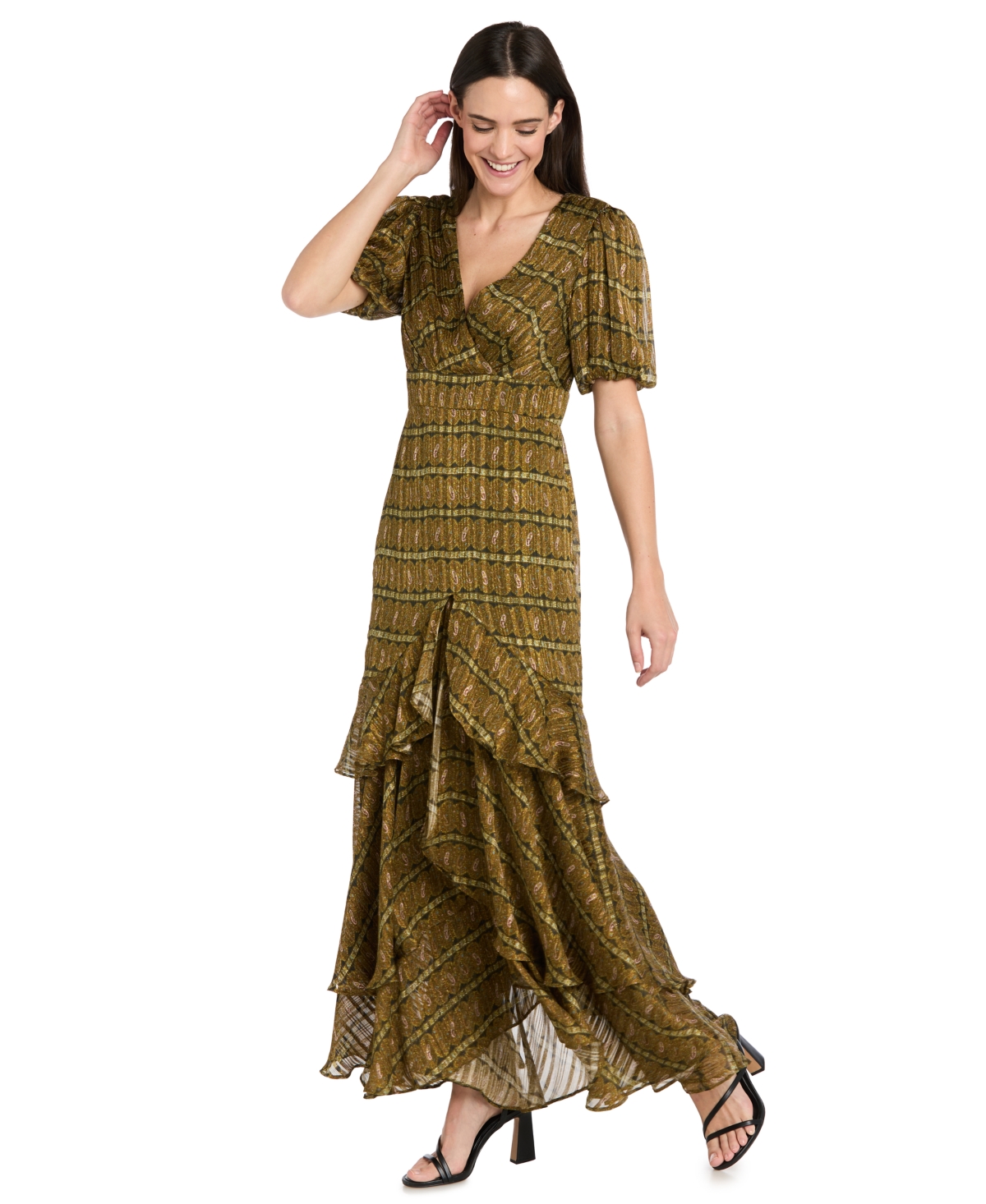 R & M Richards Women's Satin Metallic Stripe Puff-sleeve Dress In Green