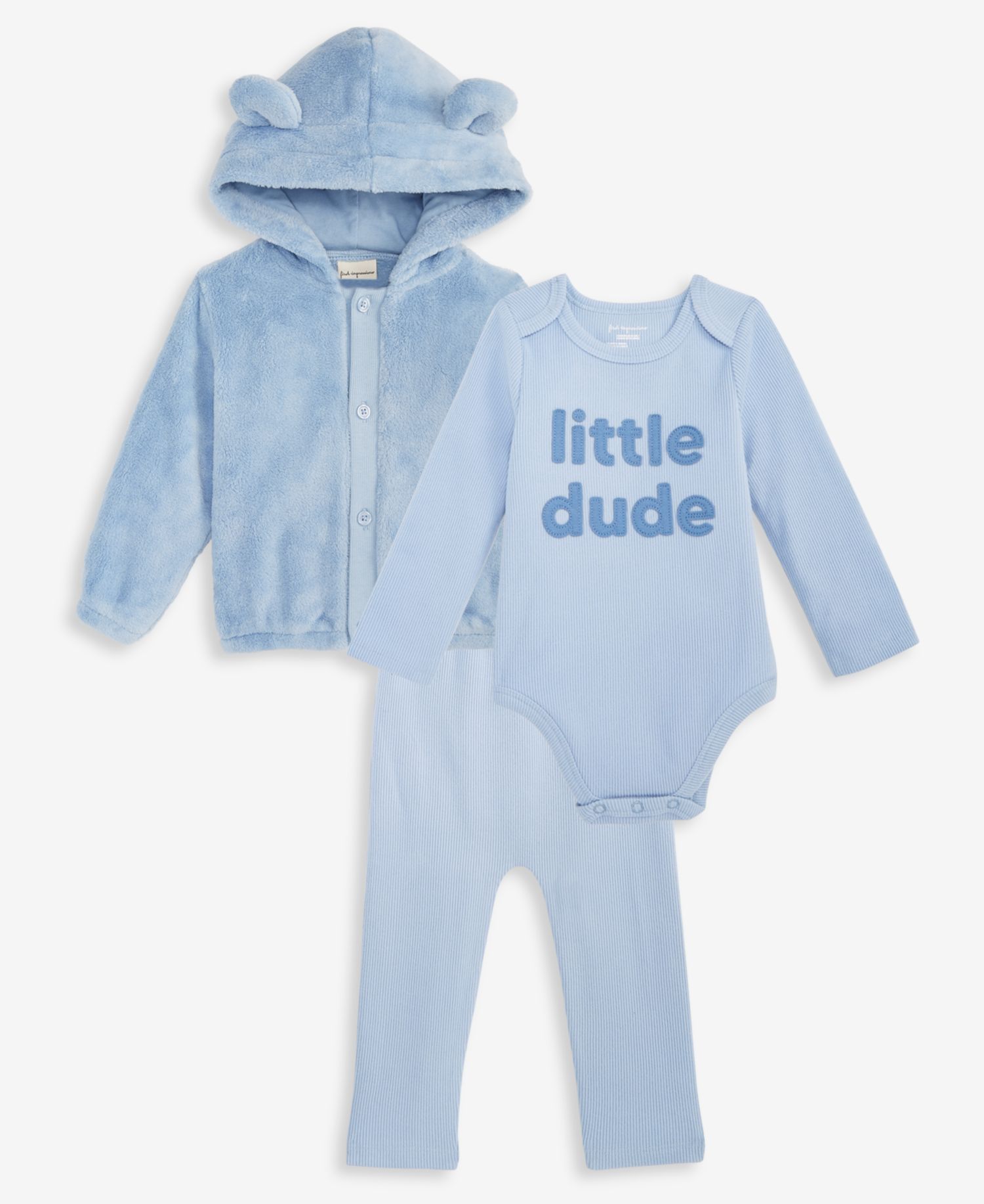 Baby Boys' Hooded Faux-Sherpa Jacket, Little Dude Bodysuit and Brushed Rib Pants, 3-Piece Set