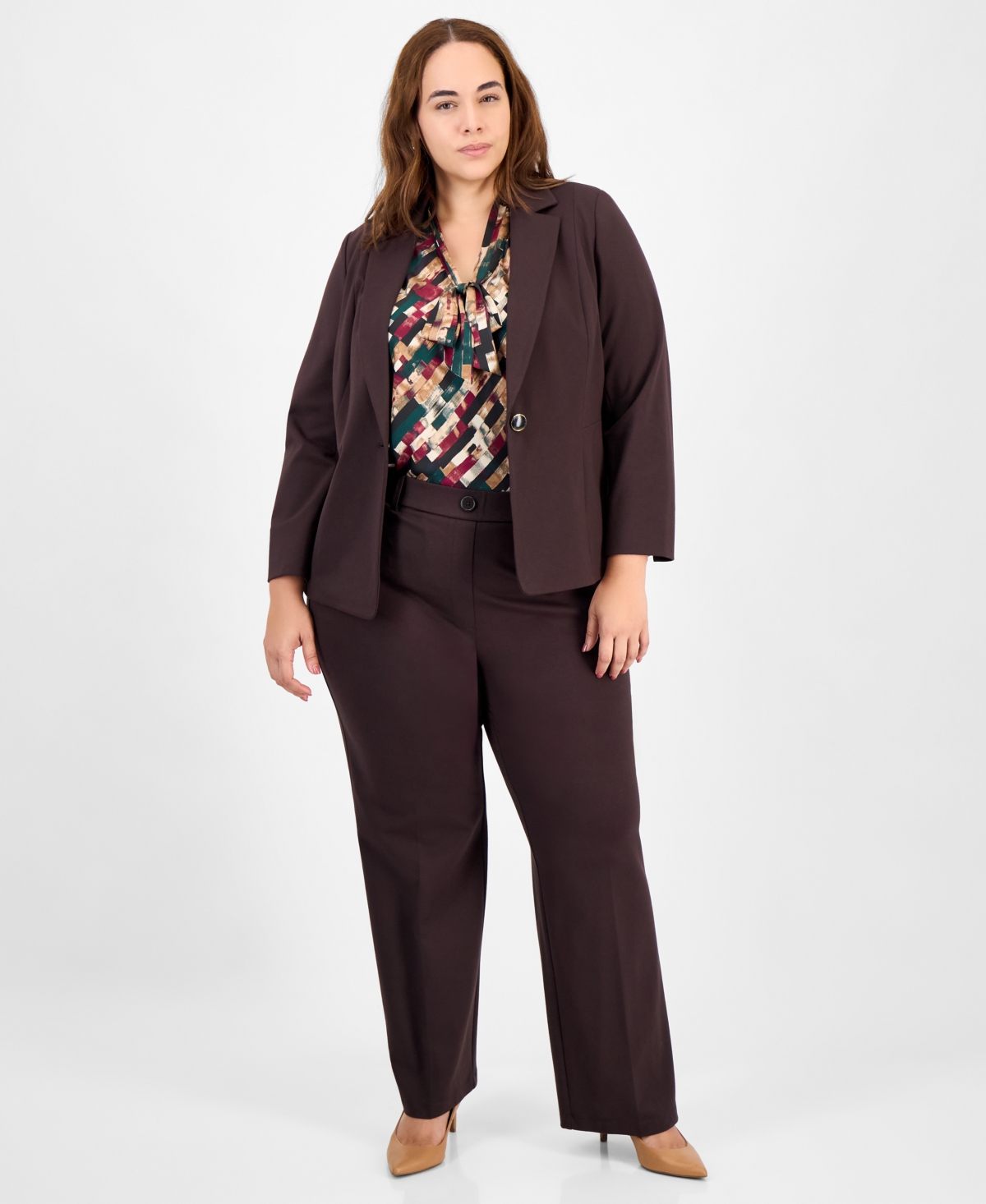 Kasper Plus Size Notched Collar One-button Blazer In Brown