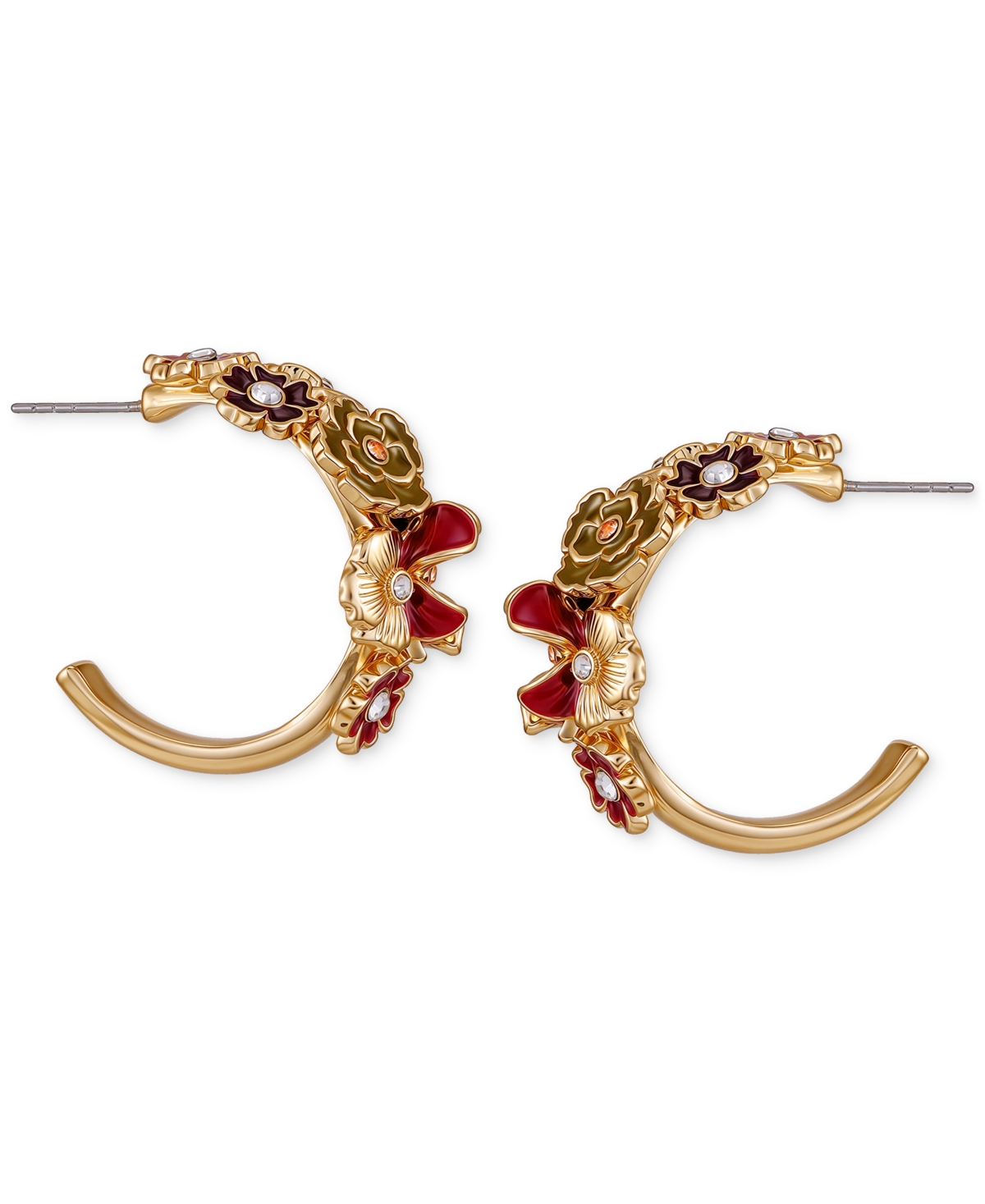 Guess Gold-tone Floral Enamel Crystal Half-hoop Earrings In Gold