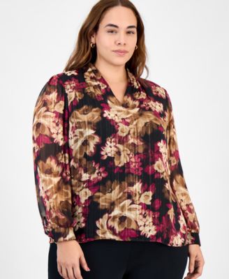 Kasper - Plus Size Printed Metallic Stripe Long-Sleeve Blouse