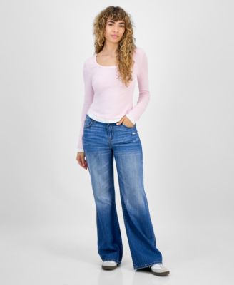 Juniors' Ribbed Layered-Look Long-Sleeve with Bow