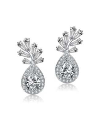 Sterling Silver with White Gold Rhodium Plated Clear Pear with Round and Tapered Baguette Cubic Zirconia Accent Drop Earrings