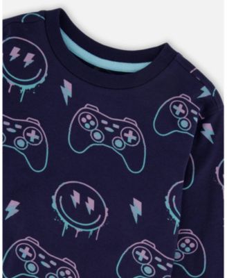 Little Boys Long Sleeve Cotton Allover Print Tee Navy Blue - Toddler|Child