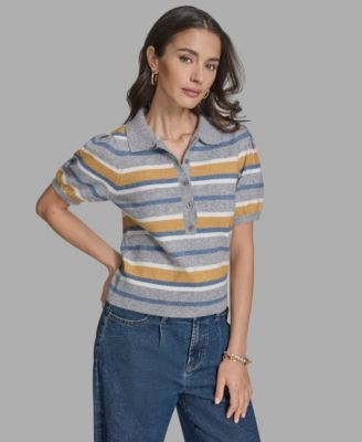 Women's Short Sleeve Striped Polo Sweater