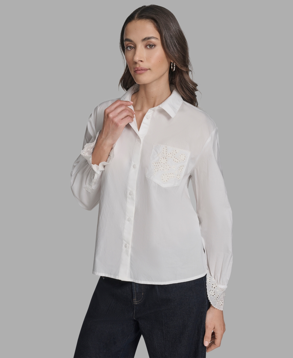 Bcbg Women's Long Sleeve Button-up Embroidered Top In White