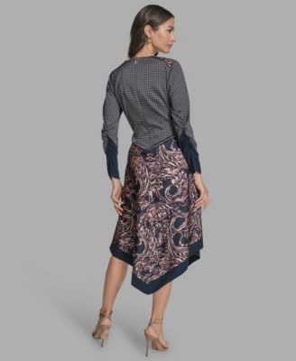 Women's Long Sleeve Mix-Print V-Neck Dress