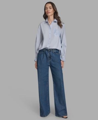 BCBG - Women's Long-Sleeve Button-Up Embroidered Top
