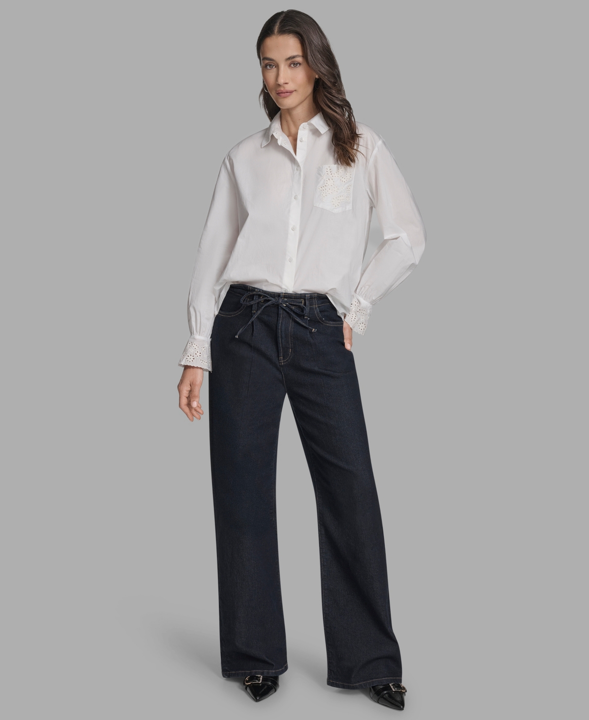 Bcbg Women's Long Sleeve Button-up Embroidered Top In White