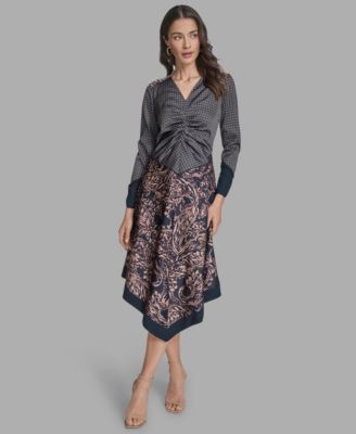 BCBG - Women's Long-Sleeve Mix-Print V-Neck Dress