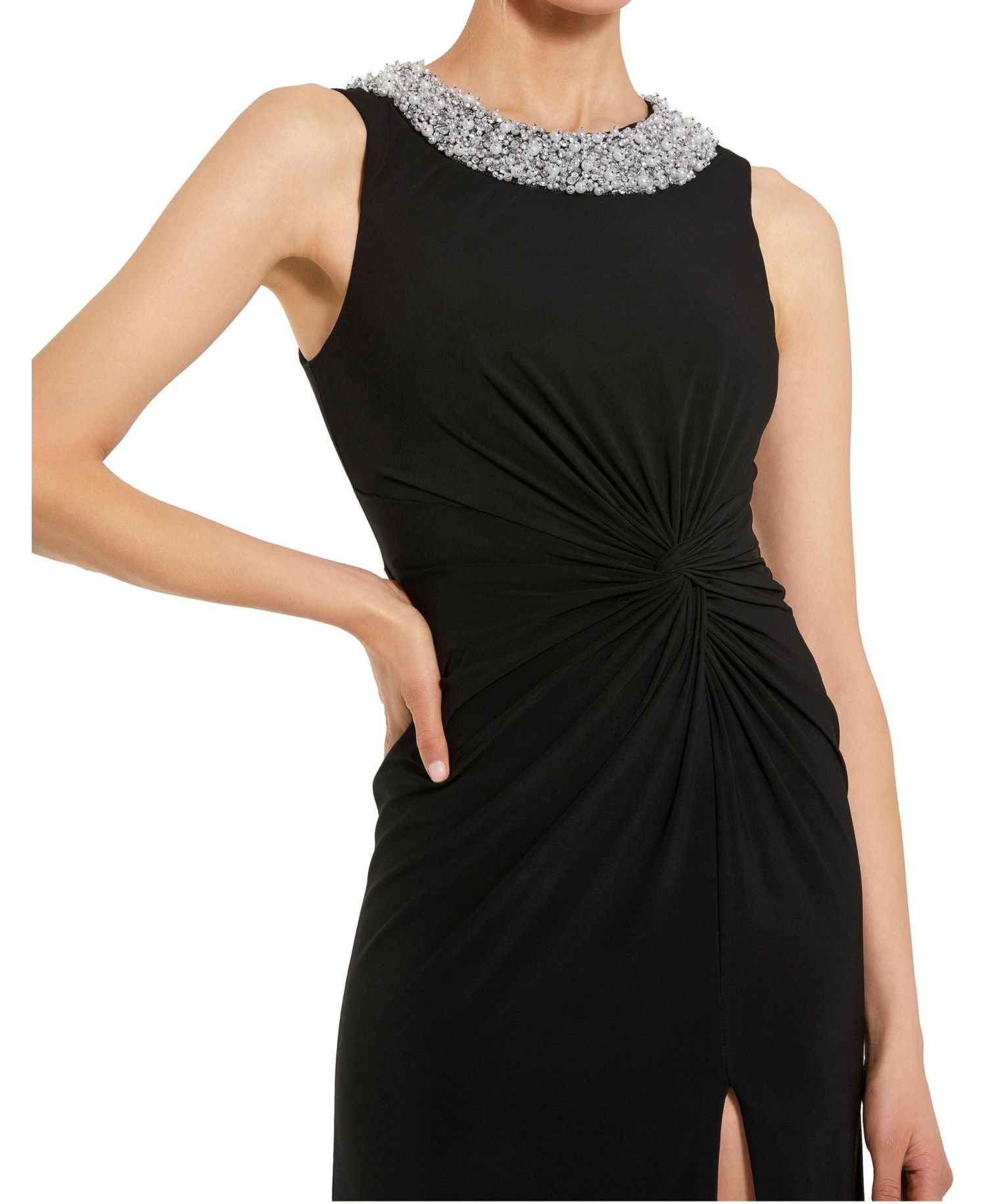 Women's Jersey Sleeveless Beaded Neck Gown With Twist