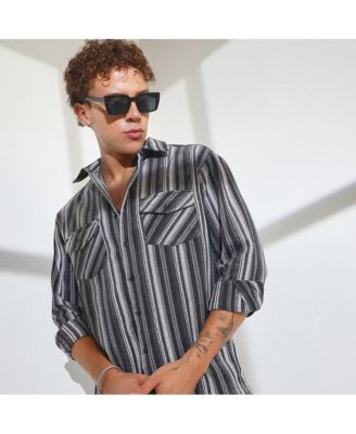 Men's Charcoal Grey Multitrack Striped Oversized Shirt