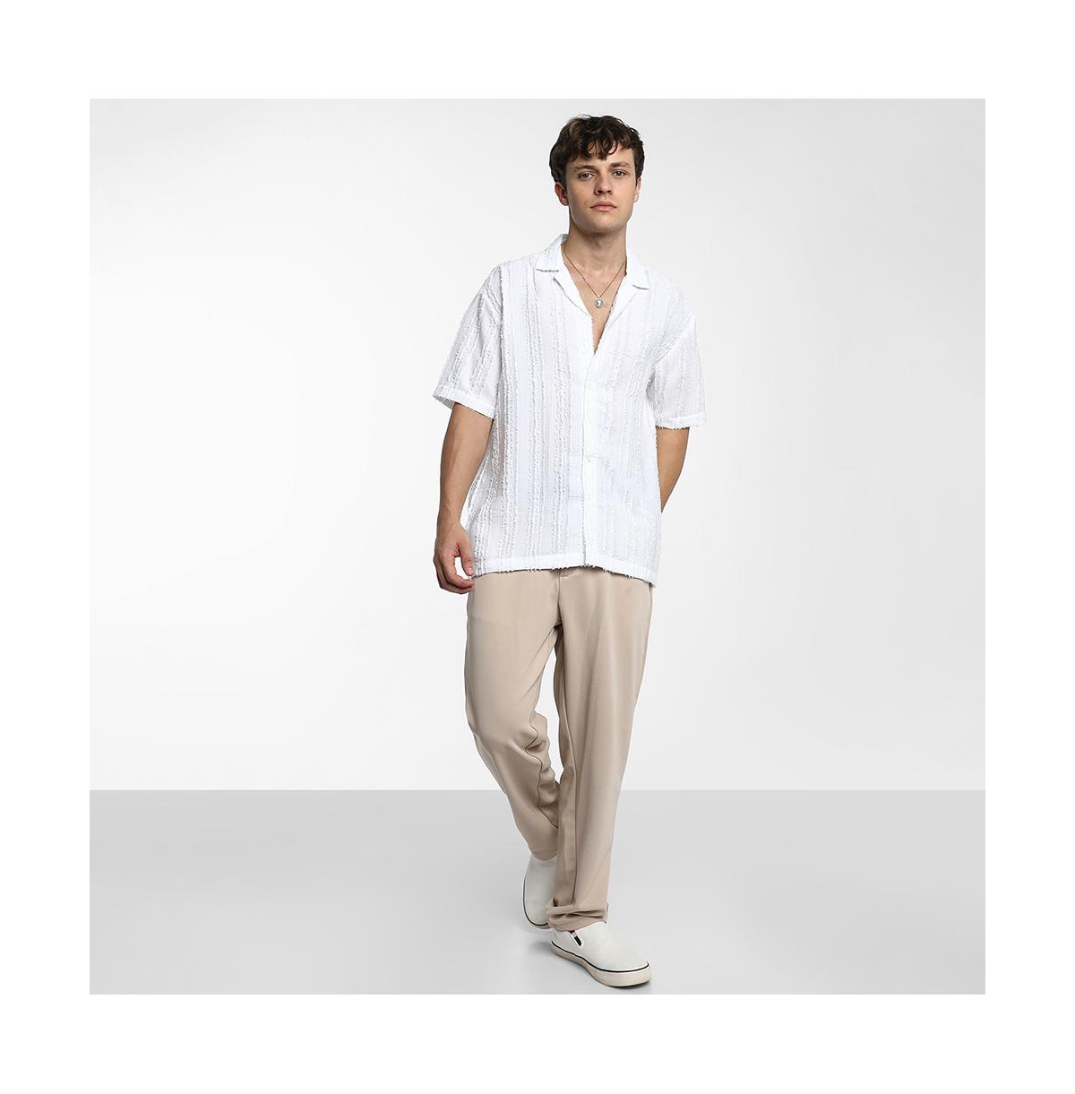 Campus Sutra Men's Chalk White Unhemmed Striped Oversized Shirt